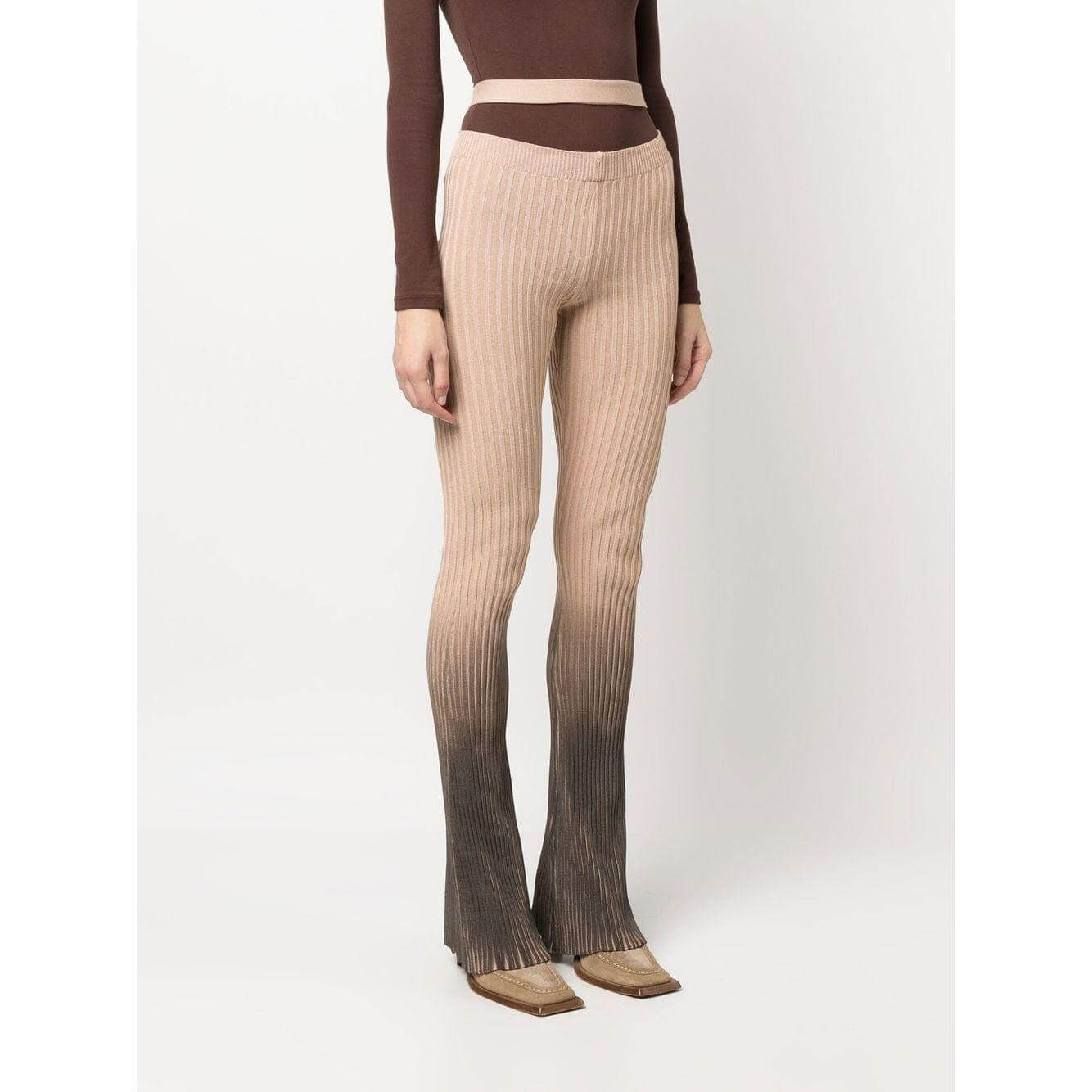 Andrea Adamo Brown Ribbed Flared Trousers with Ombre Effect and Cut-Out Detail, High-Waisted Stretch Design