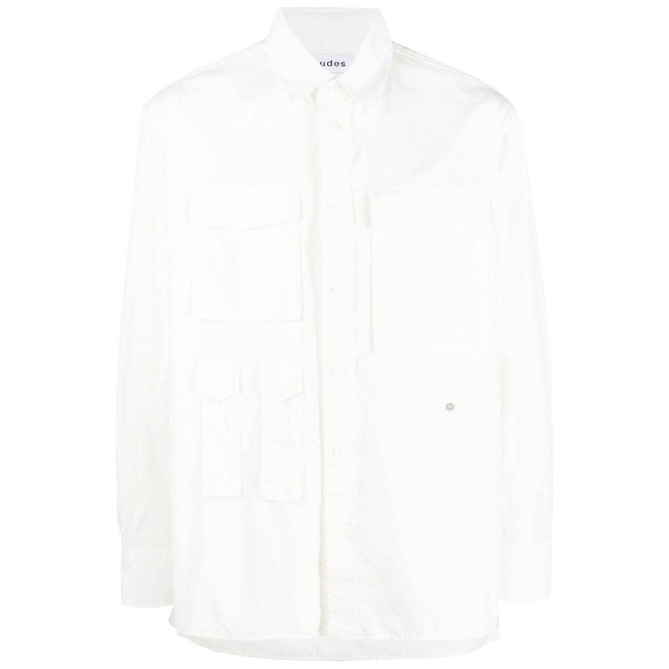Études four-pocket off-white cotton shirt with classic collar and buttoned cuffs, long sleeves, and straight hem for men.