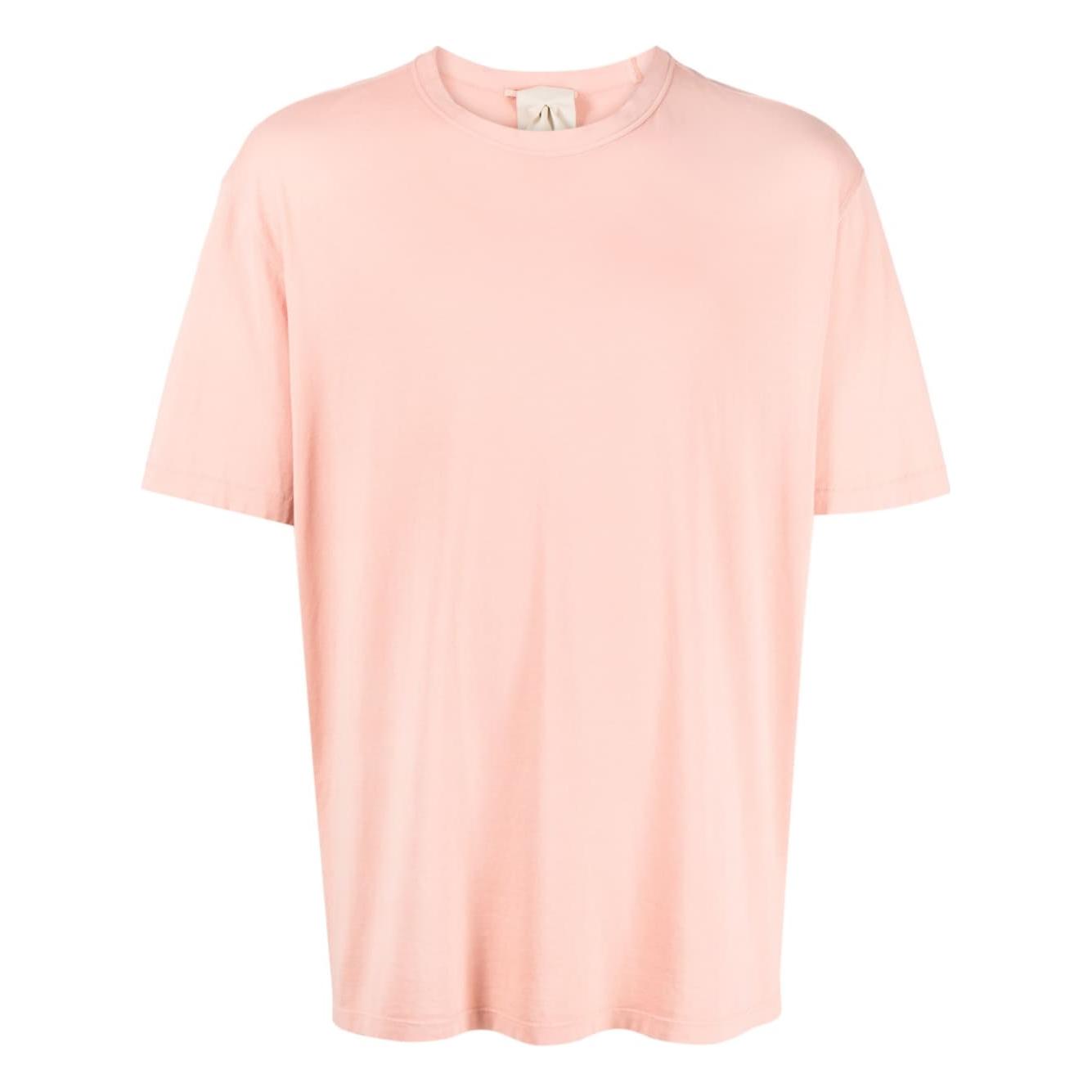 Coral pink round-neck TEN C T-shirt in cotton with rear logo patch and straight hem, perfect for casual wear, true to size fit.
