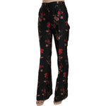 Dolce & Gabbana Floral Print Black Boot Cut Trouser Pants PAN70009-38