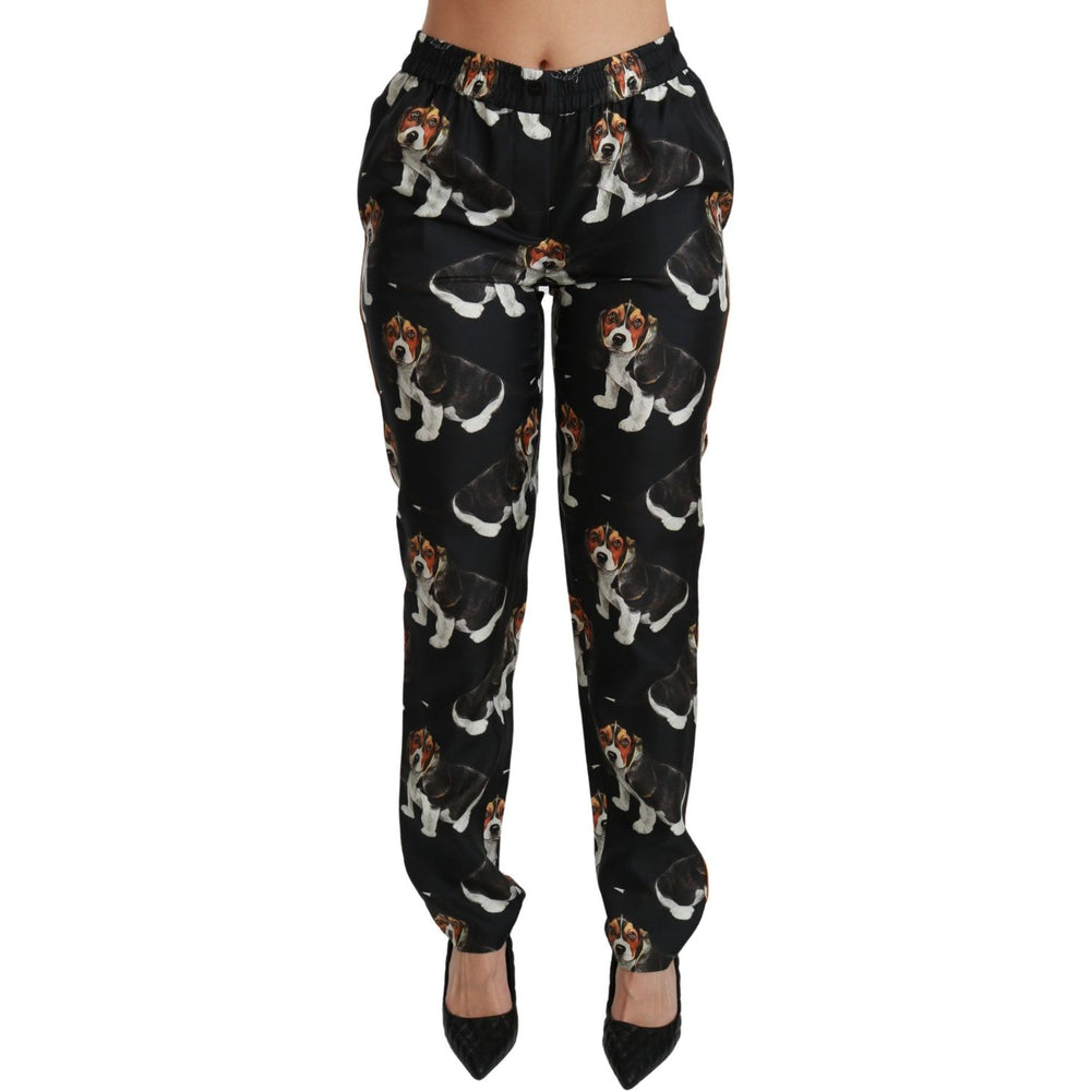 Dolce & Gabbana Black Puppy Dog Mid Waist Skinny Silk Pants PAN70818-42