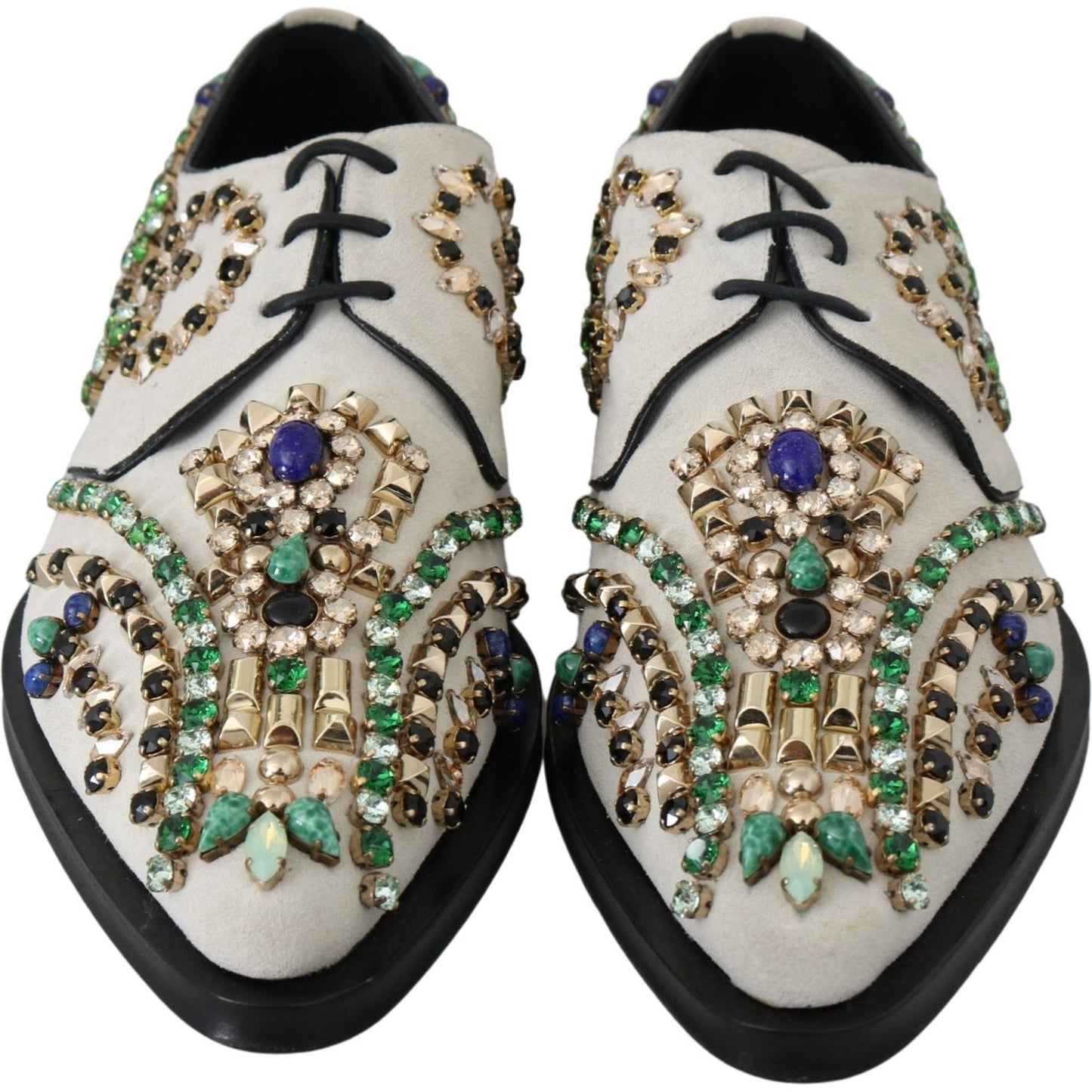 Dolce & Gabbana Elegant White Suede Dress Flats with Crystals Dolce & Gabbana Dark Gray