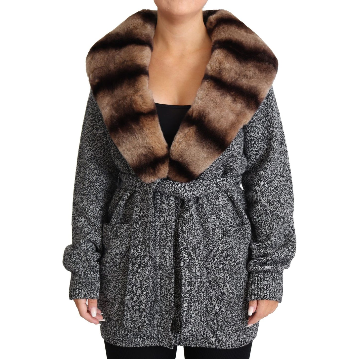 Dolce & Gabbana Elegant Cashmere Cardigan with Rabbit Fur Collar Dolce & Gabbana Dark Slate Gray