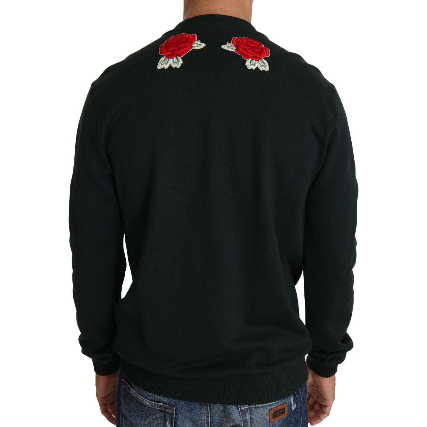 Dolce & Gabbana Emerald Cotton Sweater with Crystal Embroidery Dolce & Gabbana Black