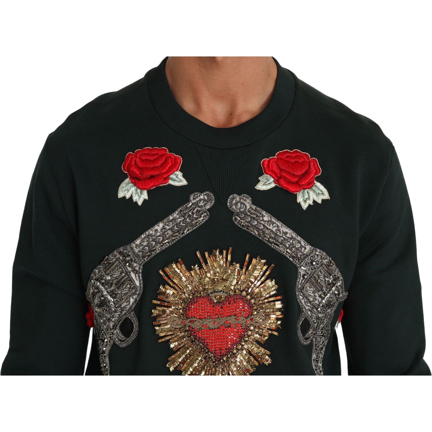 Dolce & Gabbana Emerald Cotton Sweater with Crystal Embroidery Dolce & Gabbana Black