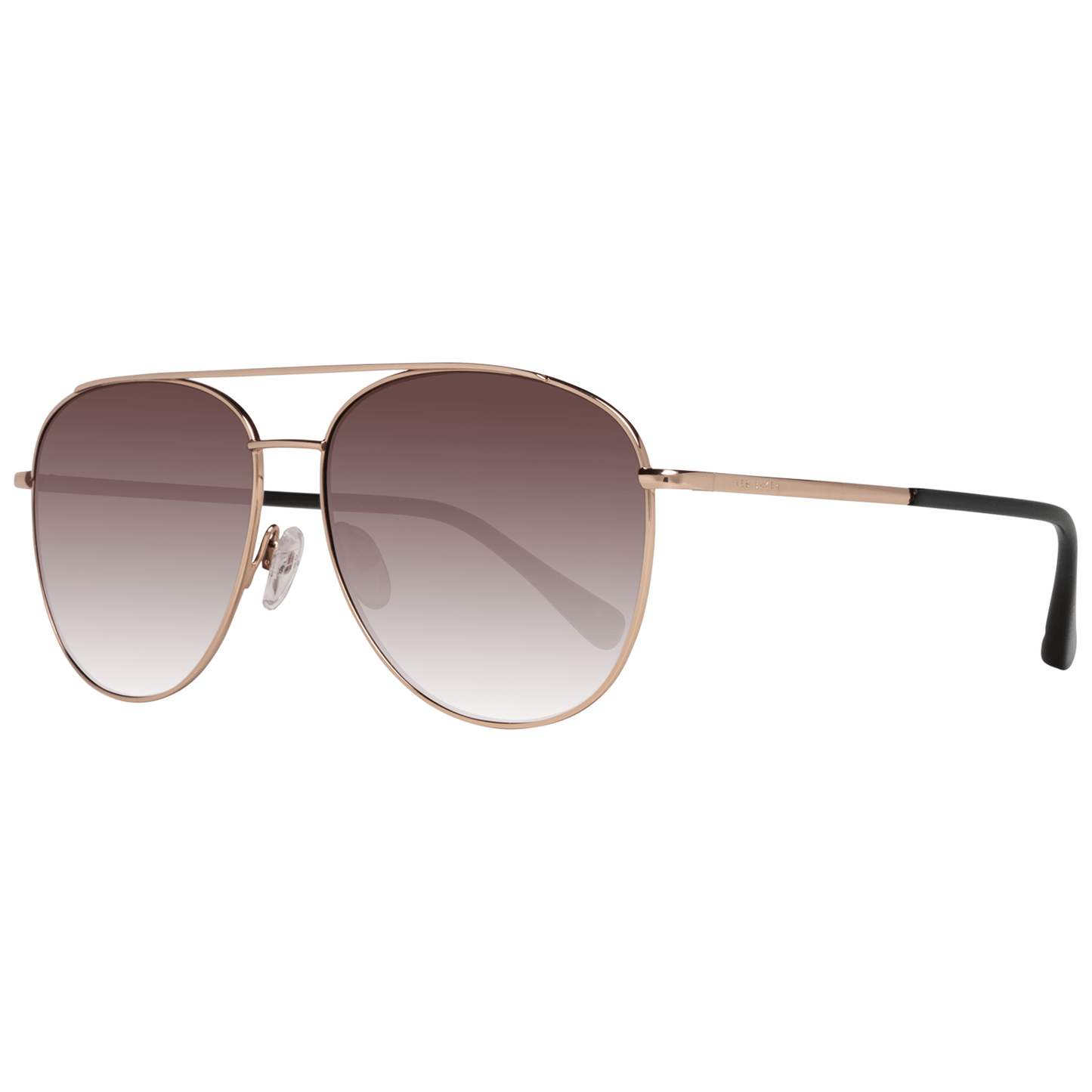 Ted Baker rose gold aviator sunglasses for women with brown gradient lenses, metal frame, and full-rim style offering 100% UV protection.