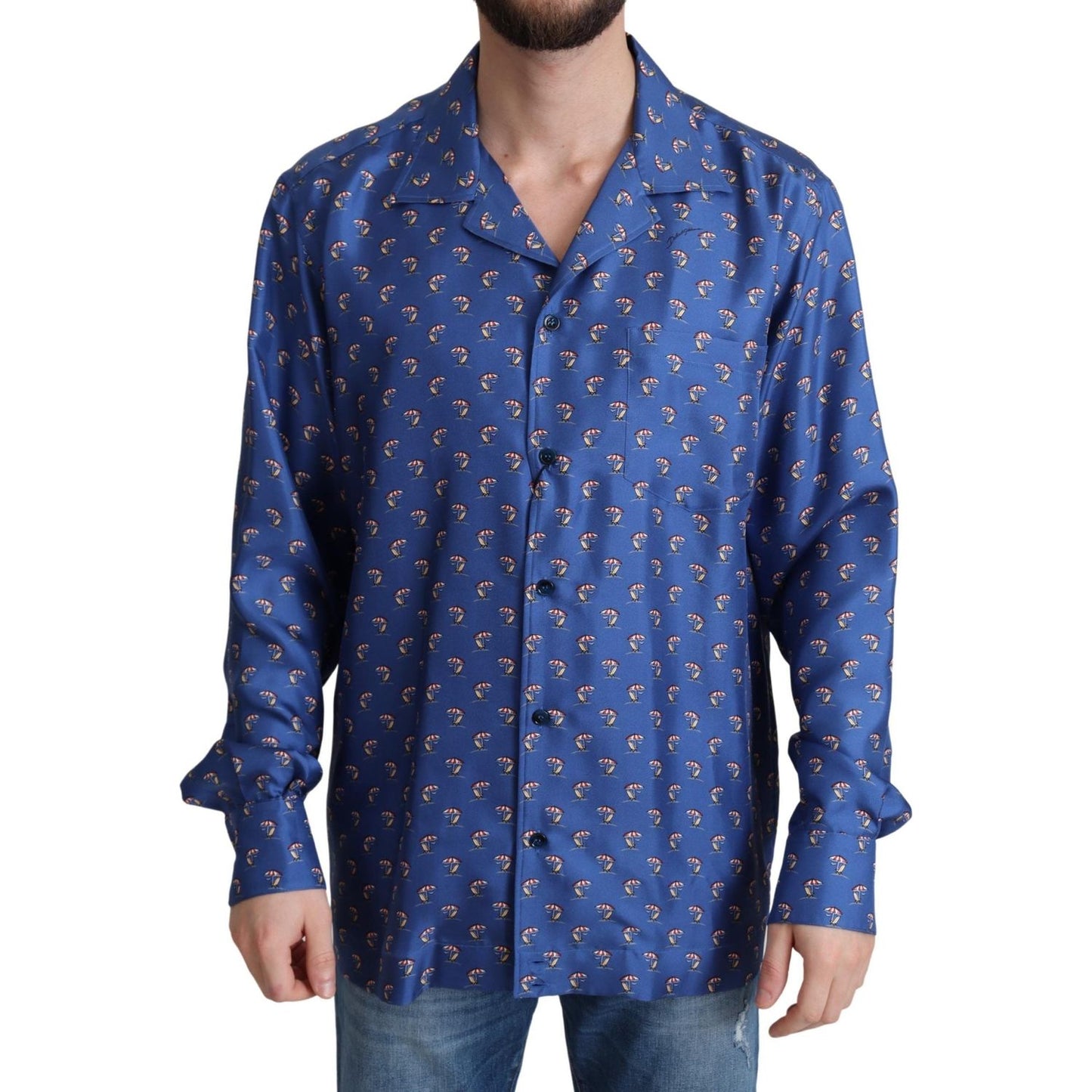 Dolce & Gabbana Silk Beach Chair Print Casual Shirt Dolce & Gabbana Dark Slate Blue