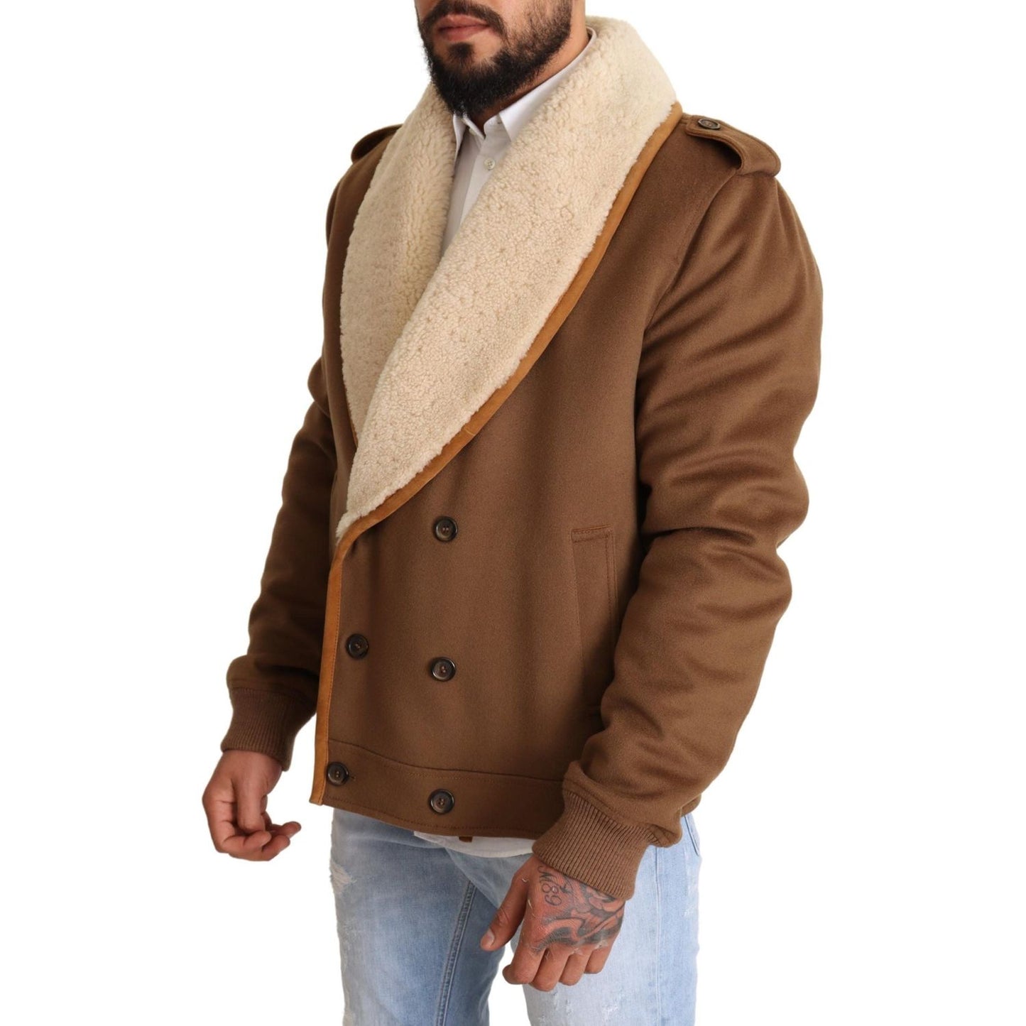 Dolce & Gabbana Elegant Double Breasted Shearling Jacket Dolce & Gabbana Dark Olive Green