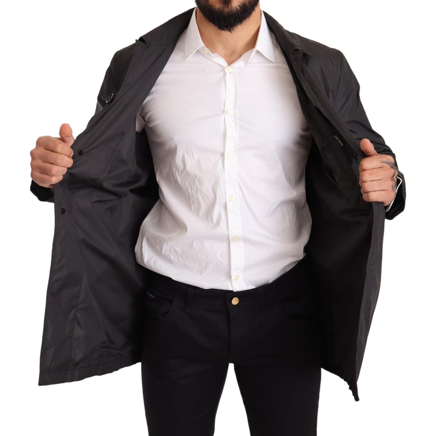 Dolce & Gabbana Elegant Black Trench Coat for Sophisticated Men Dolce & Gabbana Light Gray