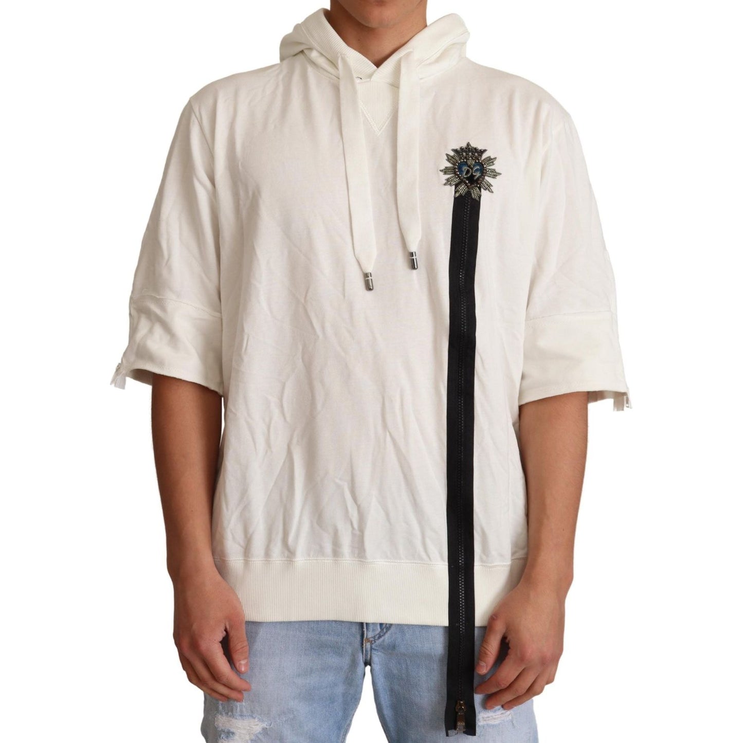 Dolce & Gabbana Exquisite Off-White Cotton Hooded Sweater MAN SWEATERS Dolce & Gabbana Light Gray