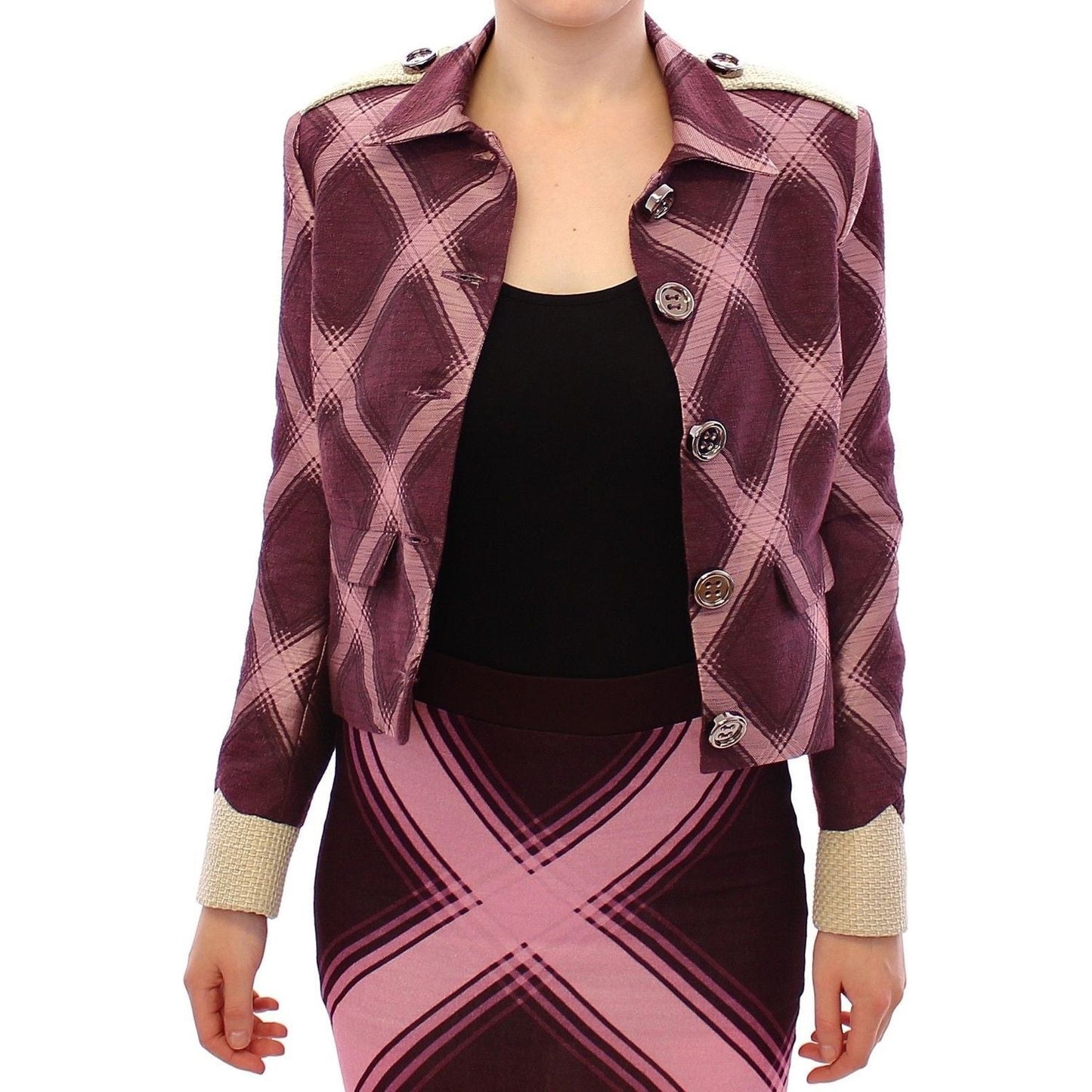 House of Holland Elegant Multicolor Check Print Jacket WOMAN COATS & JACKETS House of Holland Rosy Brown