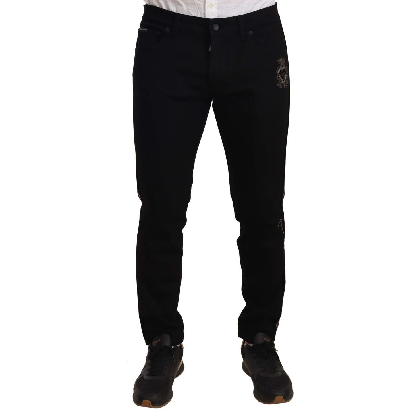 Dolce & Gabbana Heraldic Embroidered Slim Fit Black Jeans Jeans & Pants Dolce & Gabbana Black