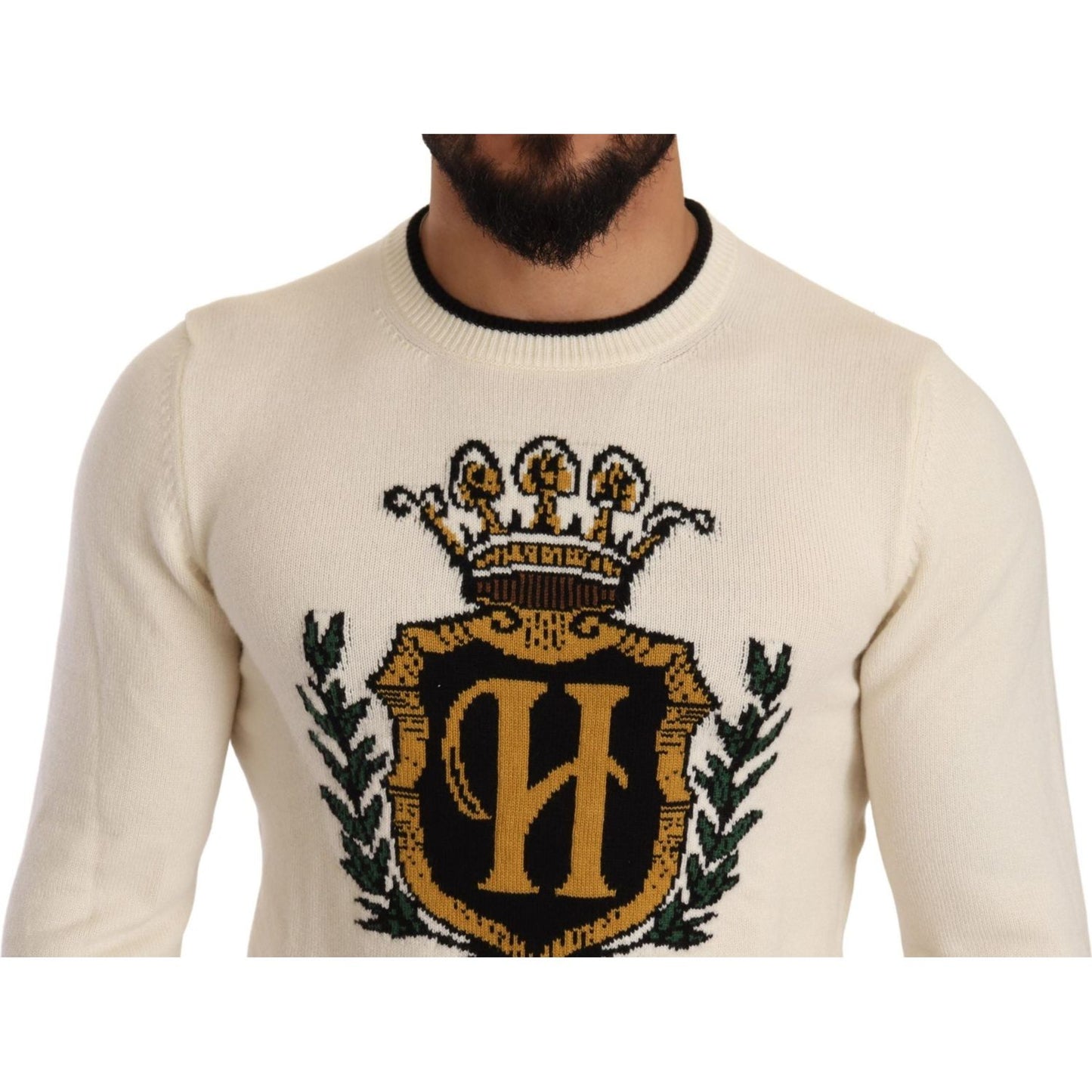 Dolce & Gabbana Elegant Snow-White Heraldic Cashmere Sweater Dolce & Gabbana Gray