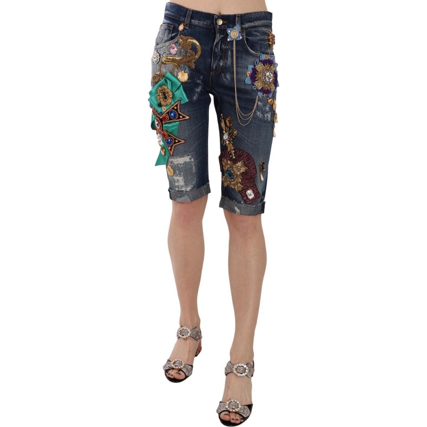 Dolce & Gabbana Elegant Knee-Length Embellished Denim Shorts Dolce & Gabbana Dark Slate Gray