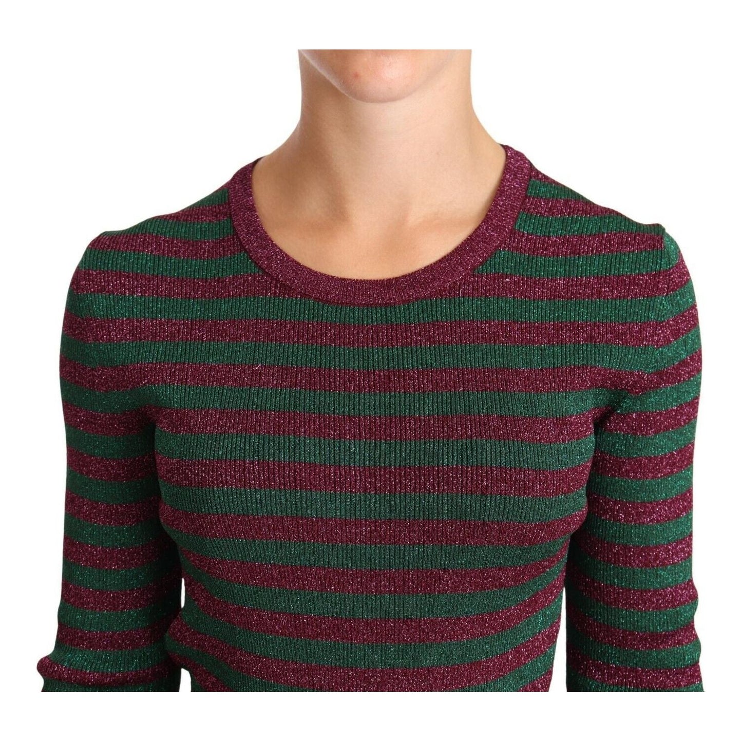 Dolce & Gabbana Elegant Maroon and Green Striped Crewneck Sweater WOMAN SWEATERS Dolce & Gabbana Dark Slate Gray