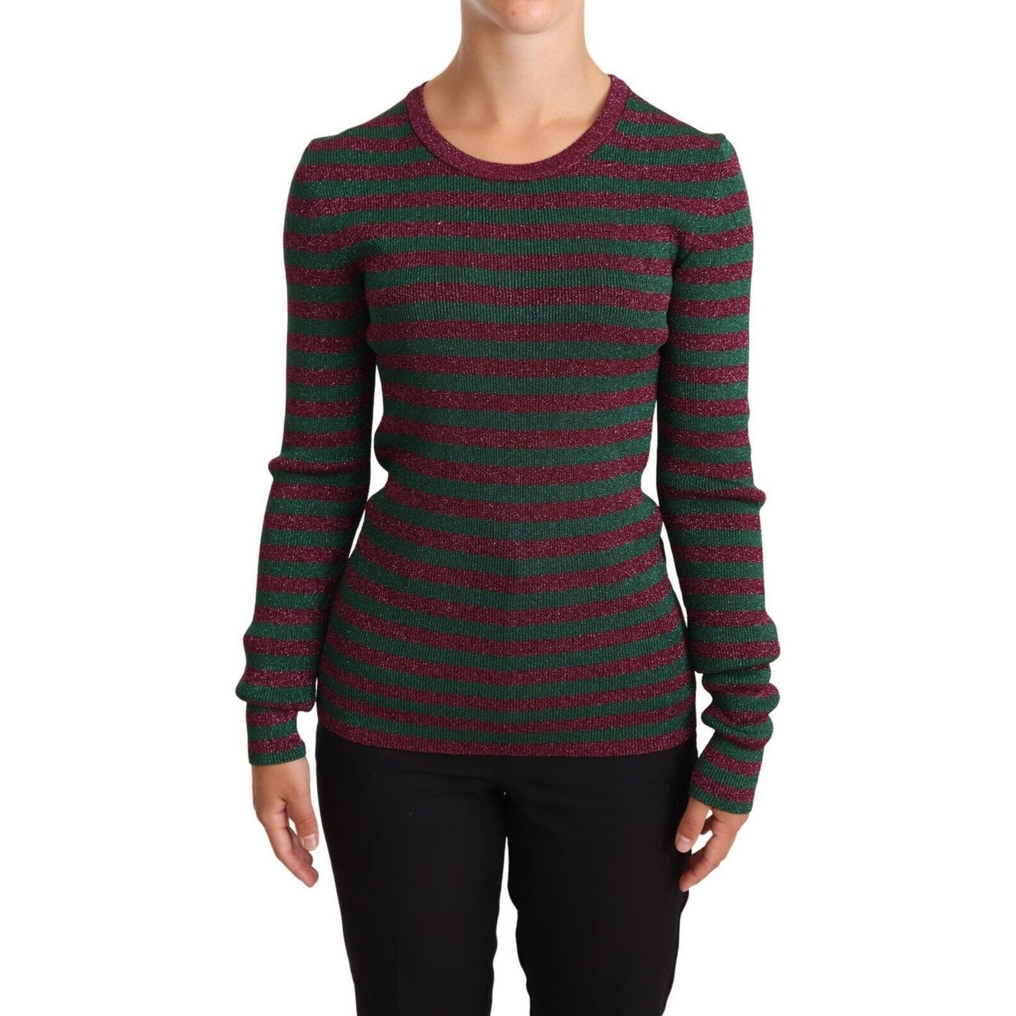 Dolce & Gabbana Elegant Maroon and Green Striped Crewneck Sweater WOMAN SWEATERS Dolce & Gabbana Dark Slate Gray