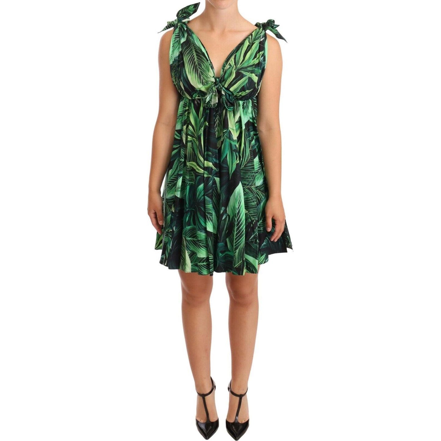 Dolce & Gabbana Elegant Flared Mini A-Line Dress in Green Leaf Print Dolce & Gabbana Dark Slate Gray