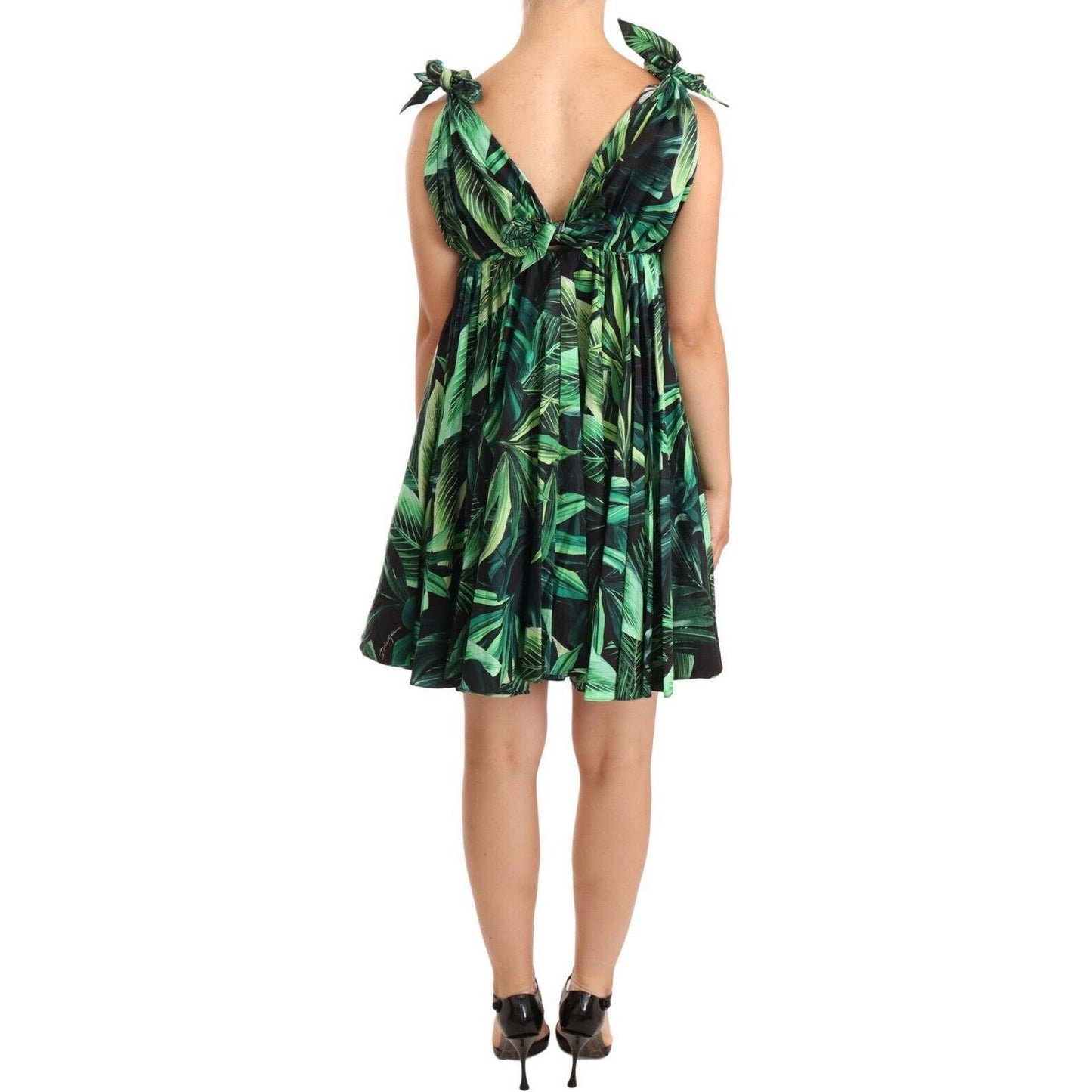 Dolce & Gabbana Elegant Flared Mini A-Line Dress in Green Leaf Print Dolce & Gabbana Tan