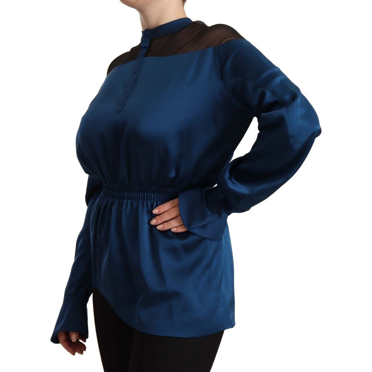 Masha Ma Elegant Crew Neck Silk Blouse in Blue WOMAN TOPS AND SHIRTS Masha Ma Black