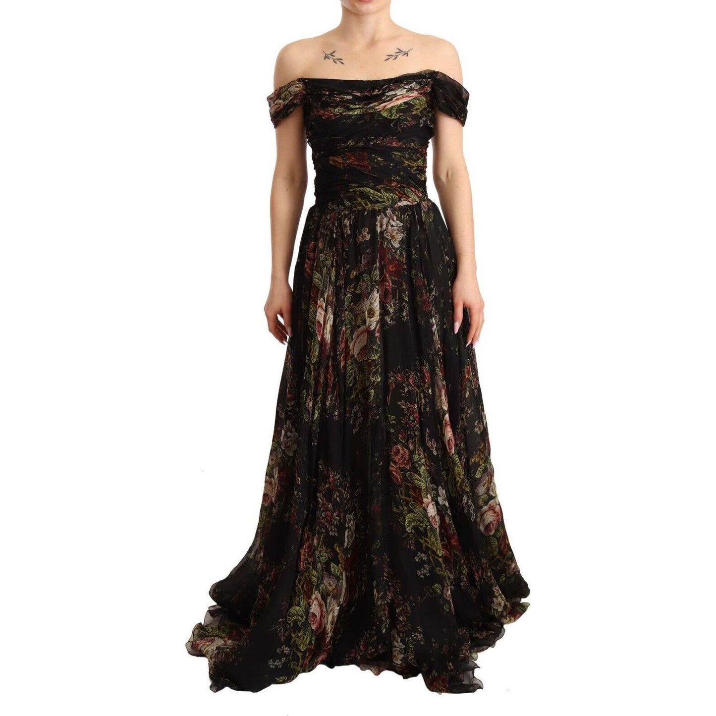 Dolce & Gabbana Floral Silk Off-Shoulder Long Dress Dolce & Gabbana Black