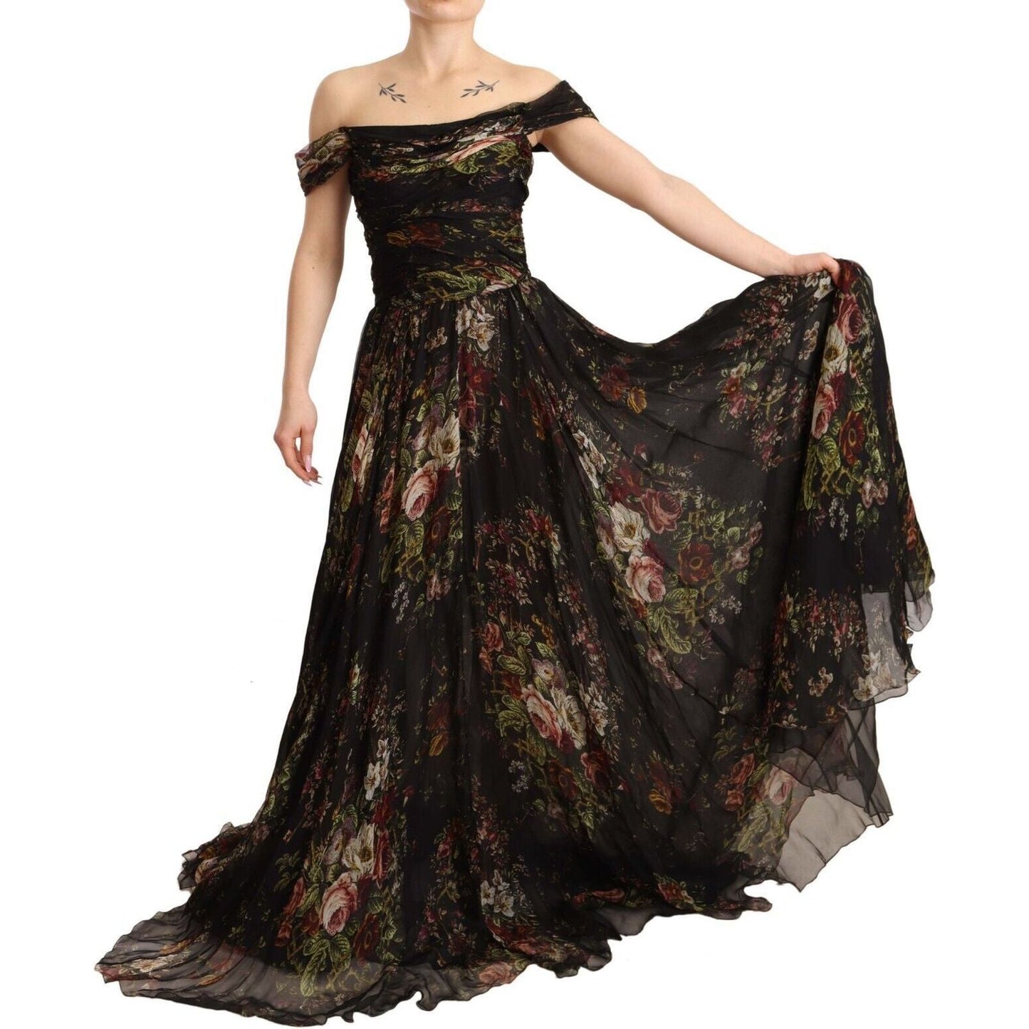 Dolce & Gabbana Floral Silk Off-Shoulder Long Dress Dolce & Gabbana Black