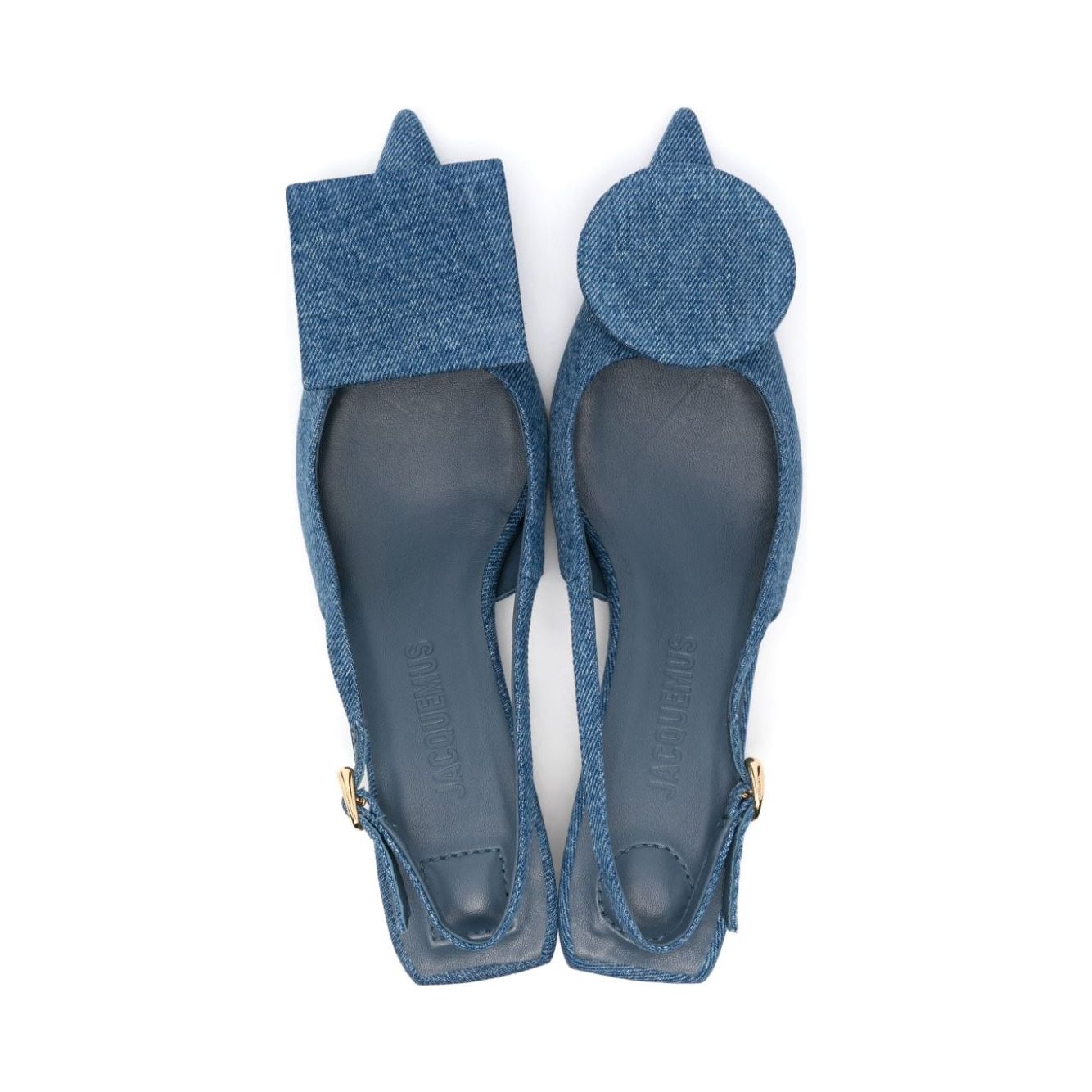Jacquemus cerulean blue denim slingbacks with circle appliqué and pointed toe, cushioned insole, sculpted heel, buckle-fastening strap.