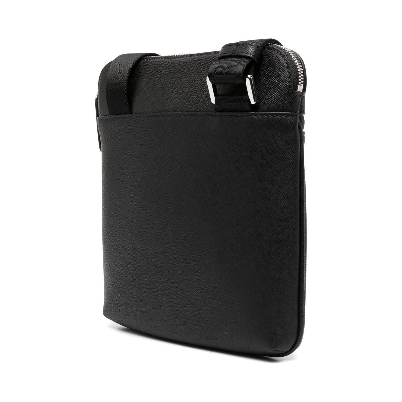 Jet black Emporio Armani Saffiano faux leather shoulder bag with eagle plate, featuring adjustable strap and silver-tone hardware.