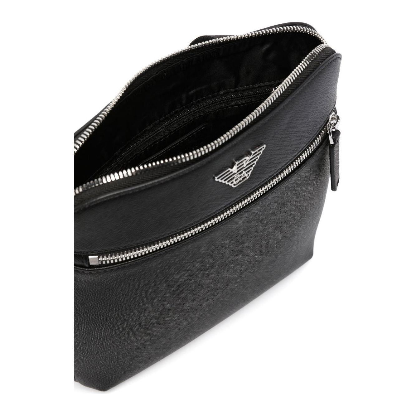 Emporio Armani black faux-leather shoulder bag with eagle logo plate and silver-tone hardware, featuring top zip and adjustable strap.