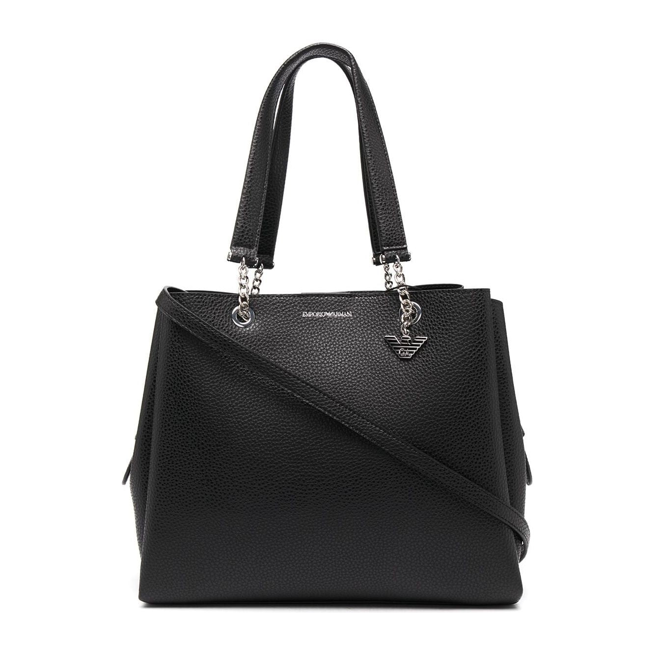 Emporio Armani black pebbled tote bag with logo plaque, rounded handles, shoulder strap, and internal zip pocket.