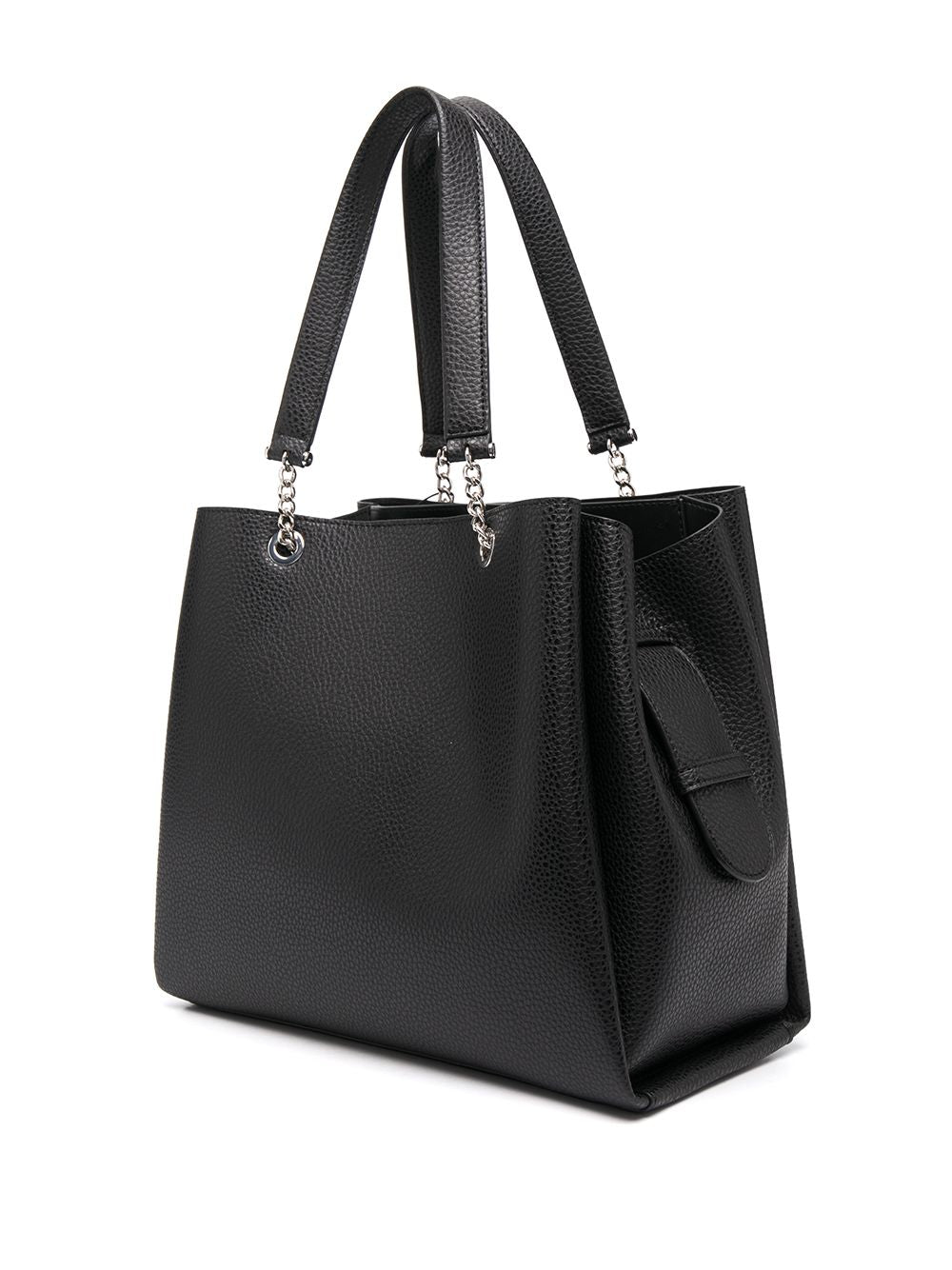 Emporio Armani black pebbled-effect tote bag with logo plaque, featuring top handles and a shoulder strap, side view.