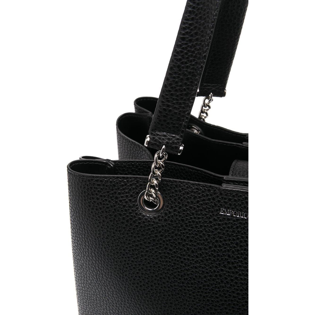 Close-up of Emporio Armani black pebbled-effect tote bag with silver-tone chain handles and logo plaque detail.