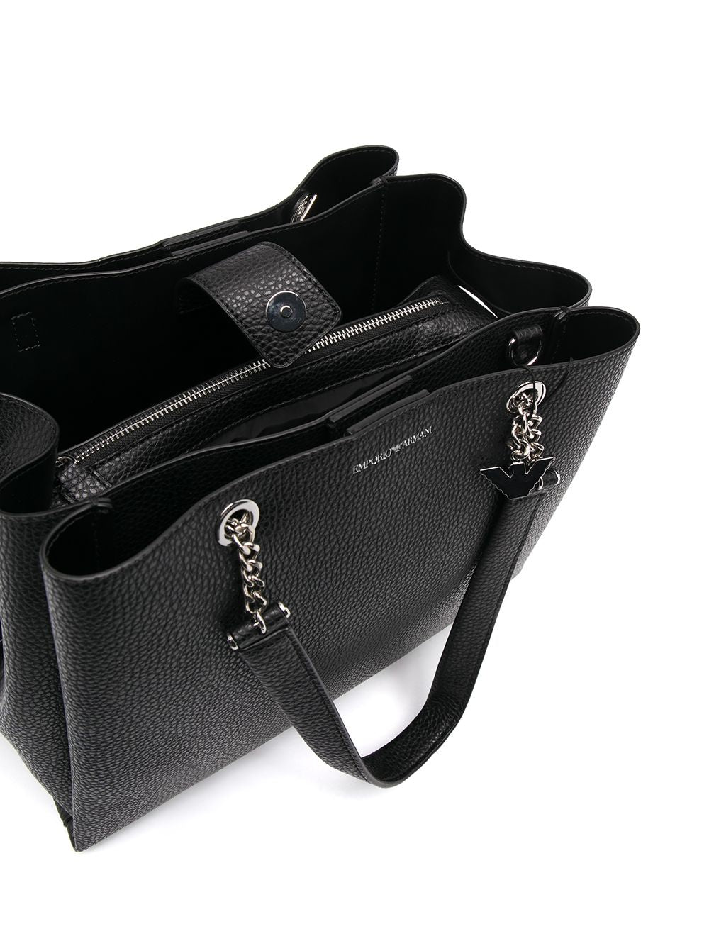 Emporio Armani black pebbled-effect tote bag with logo plaque, featuring top handles, shoulder strap, and internal zip pocket.