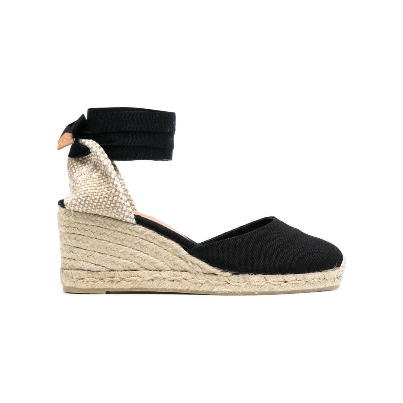 Castaner black canvas espadrille wedges with lace-up ankle detail, 7.5cm heel, 2.5cm sole height, round toe design