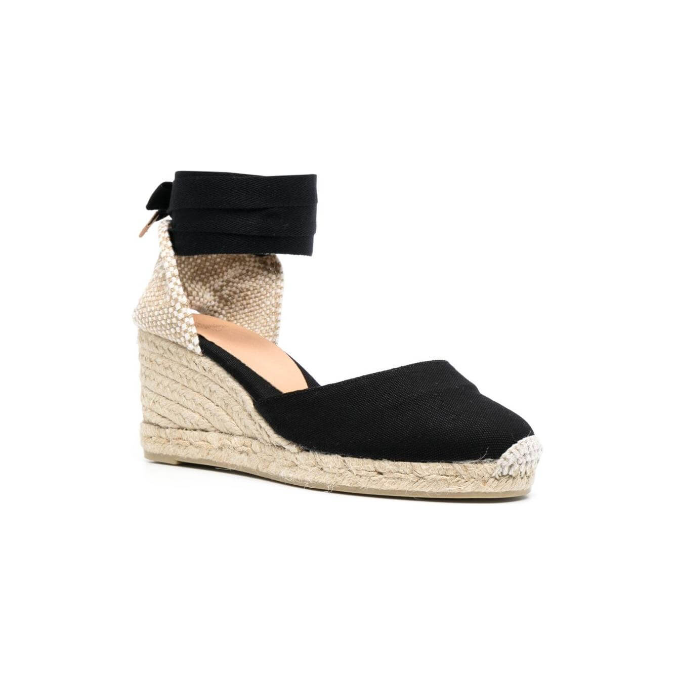 Black Castaner espadrille wedge with lace-up ankle, branded insole, 7.5cm heel, 2.5cm sole, round toe, Carina canvas design.