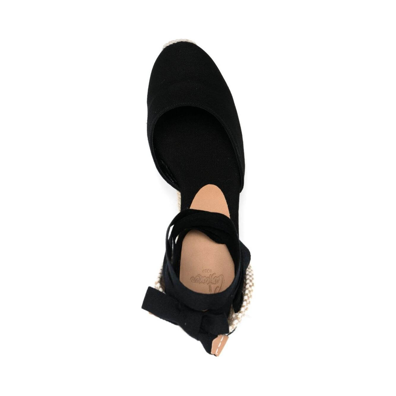 Top view of a black Castaner espadrille with lace-up ankle detailing and branded insole. Features a round toe and wedge heel.