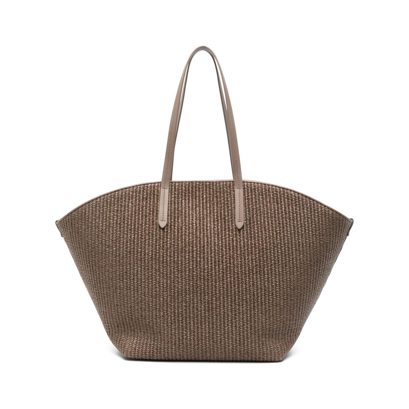Brunello Cucinelli brown woven tote bag with flat top handles and signature Monili chain detail, 52 cm width, perfect for summer.
