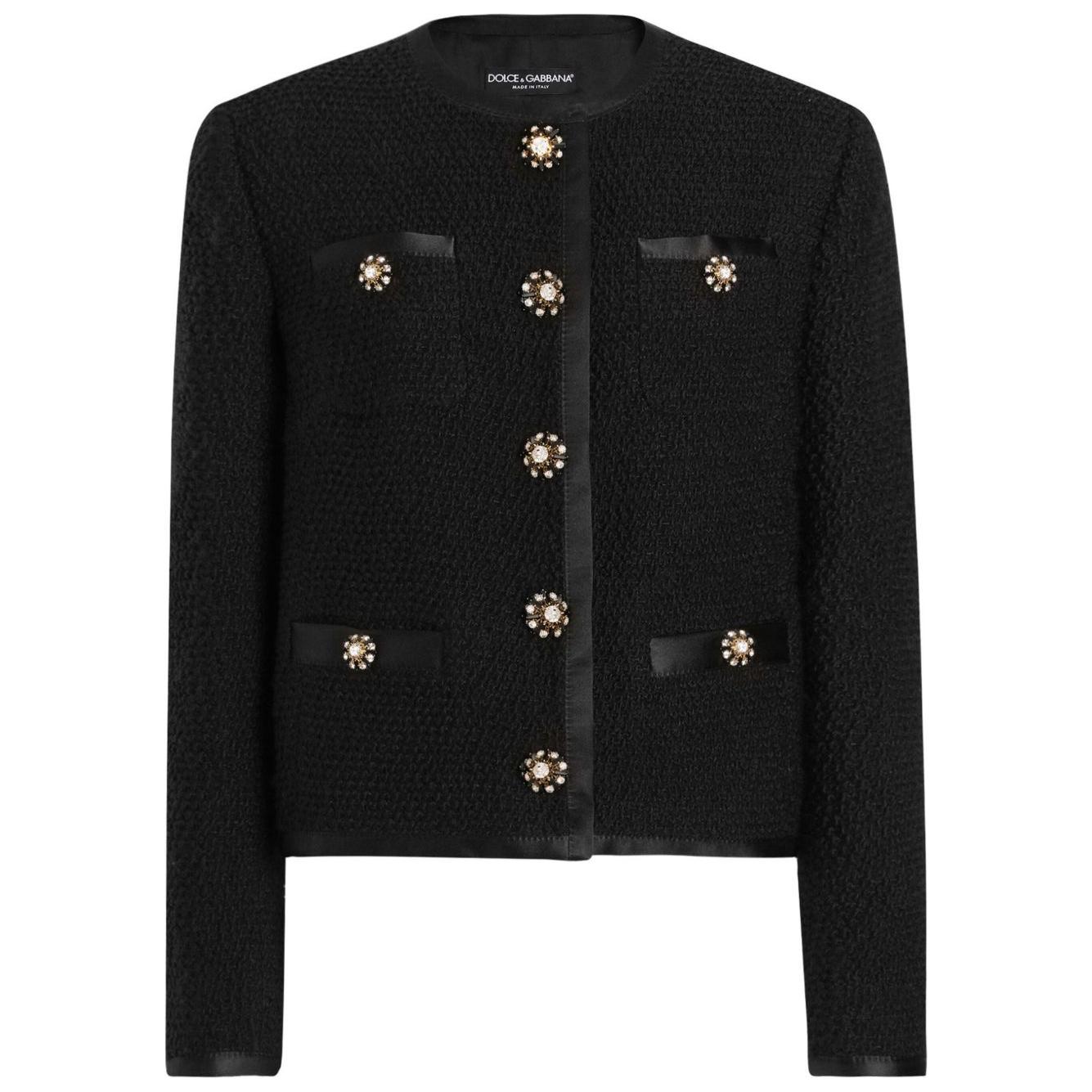 Dolce & Gabbana short single breasted curly tweed jacket with jewel buttons Jackets Dolce & Gabbana Black
