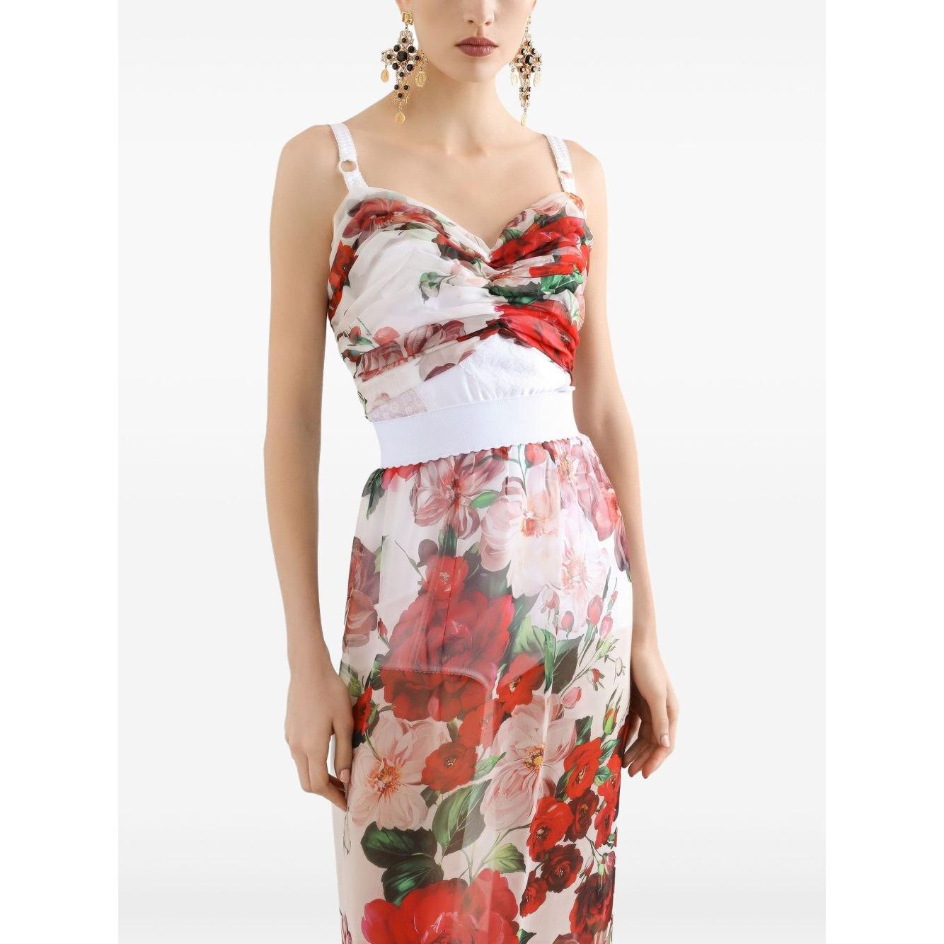 Dolce & Gabbana rose print Bustier top in marquisette and chiffon Topwear Dolce & Gabbana Antique White