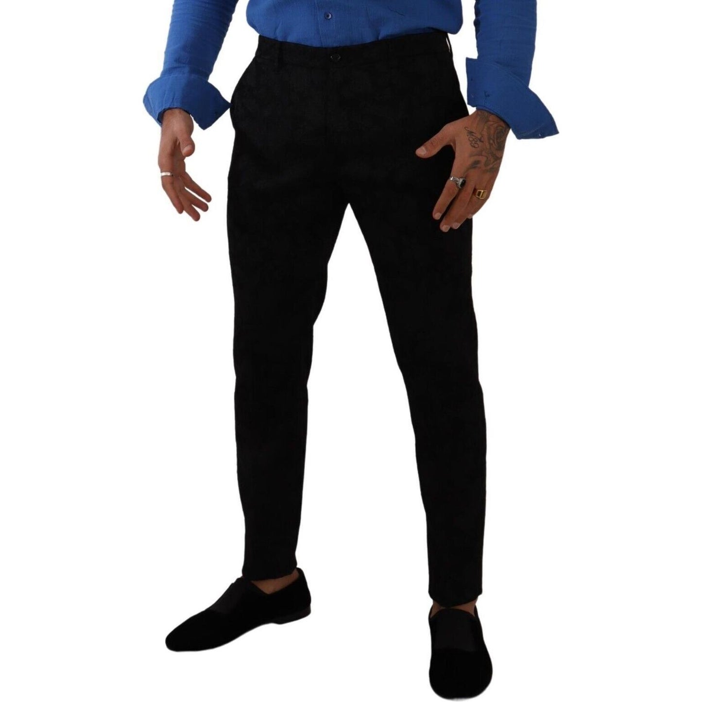 Dolce & Gabbana Elegant Slim Fit Dress Pants in Black Brocade Dolce & Gabbana Black