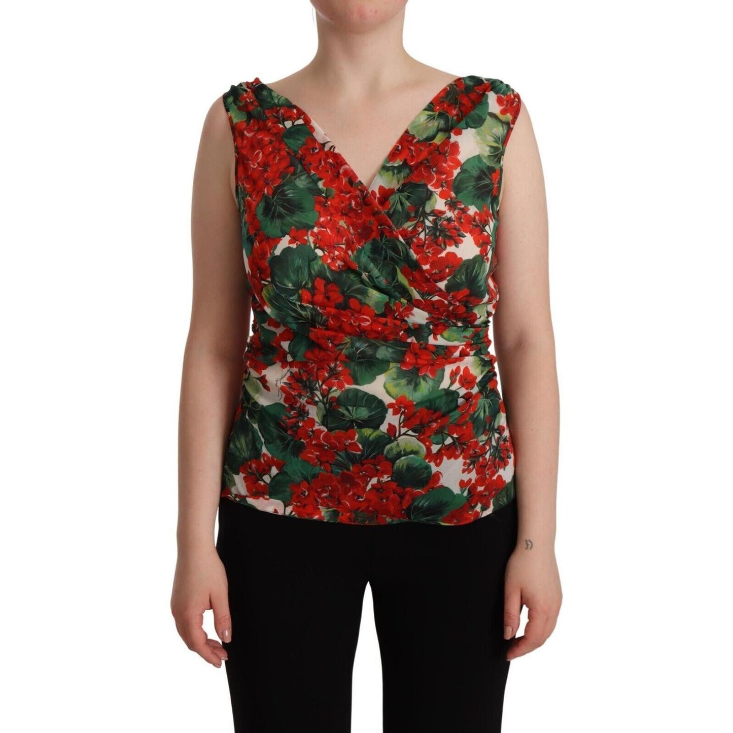 Dolce & Gabbana Elegant V-Neck Geranium Print Silk Tank Top Dolce & Gabbana Rosy Brown