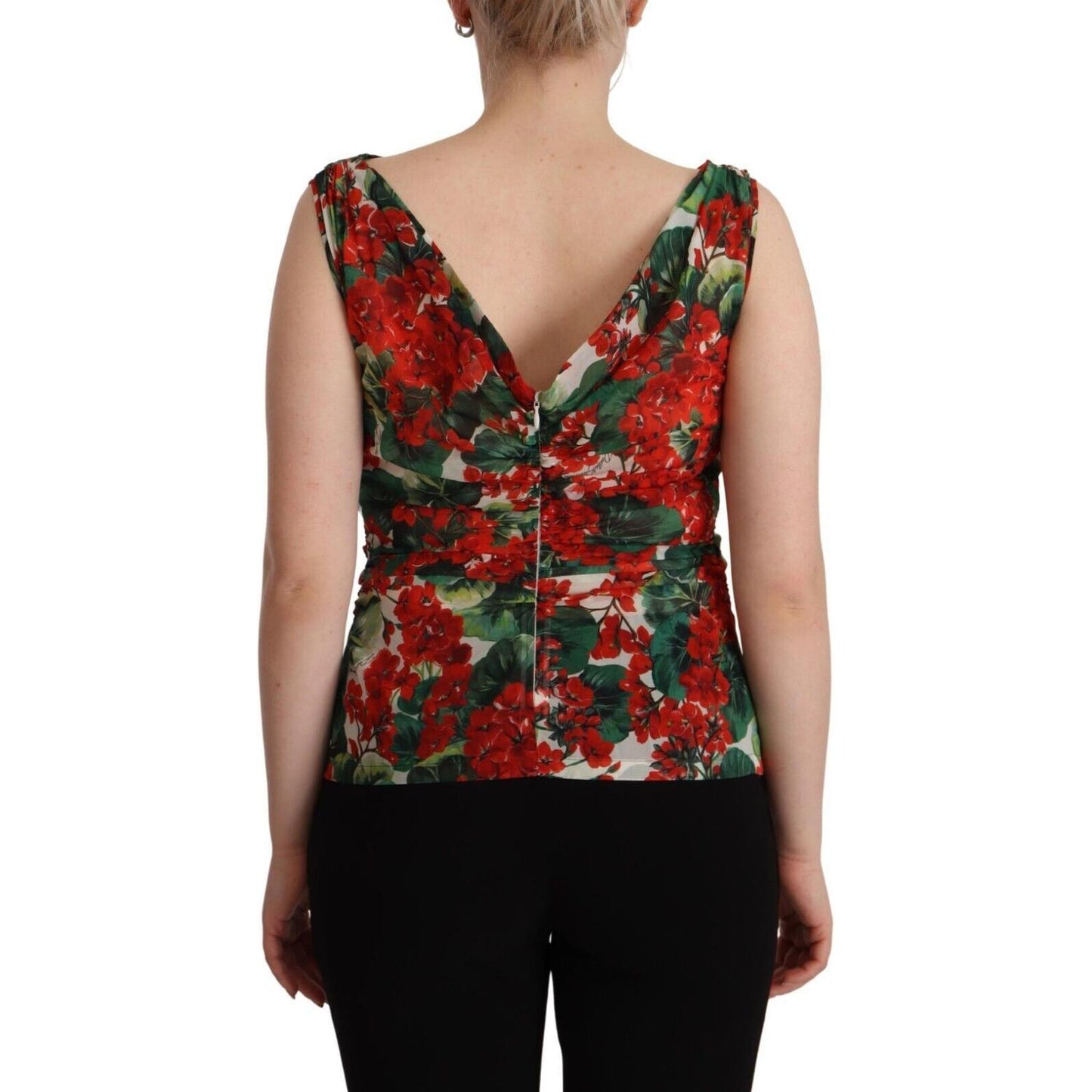 Dolce & Gabbana Elegant V-Neck Geranium Print Silk Tank Top Dolce & Gabbana Black