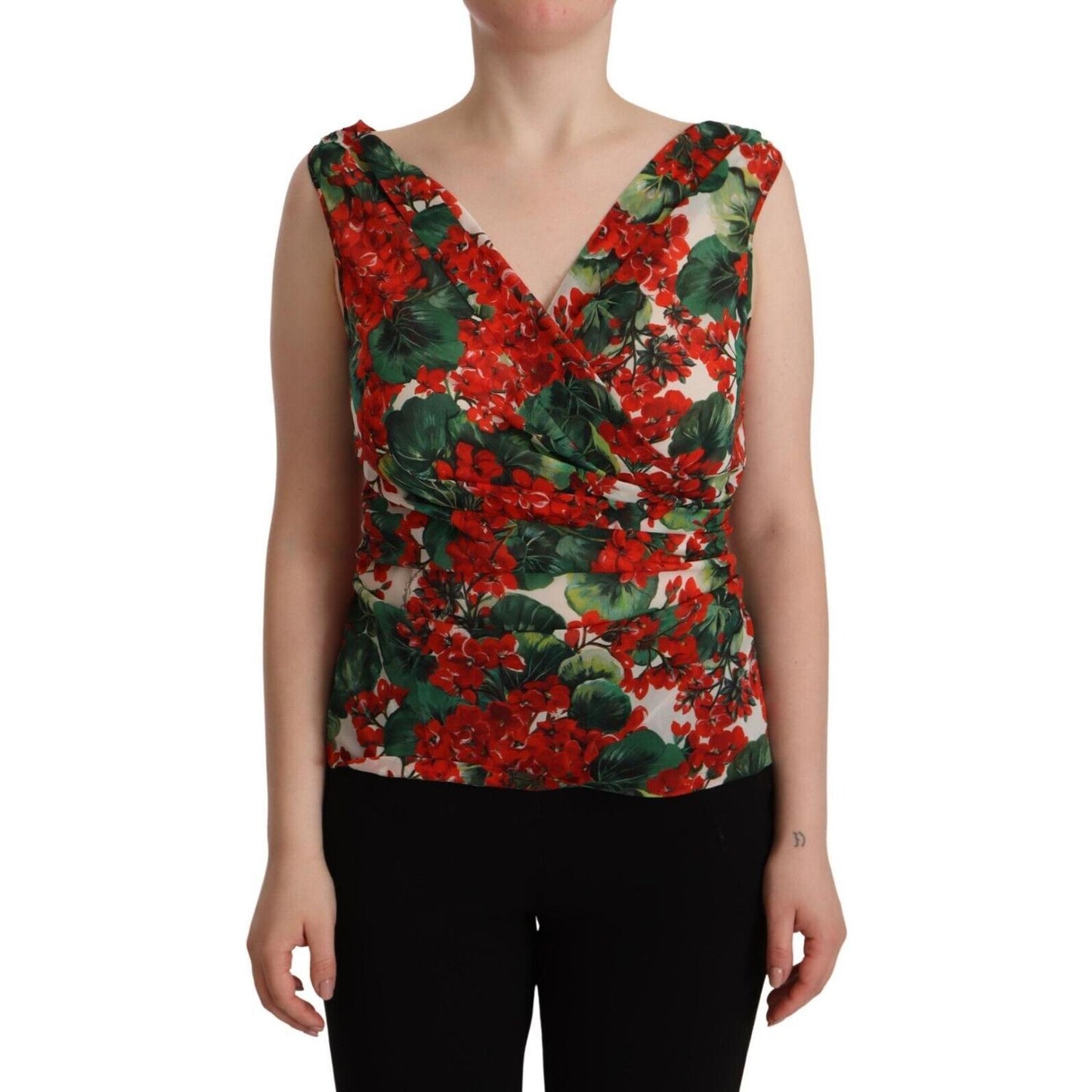 Dolce & Gabbana Elegant V-Neck Geranium Print Silk Tank Top Dolce & Gabbana Rosy Brown