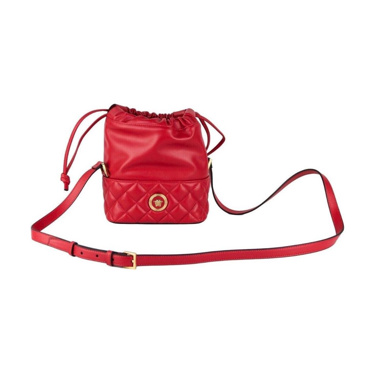 Versace Red Quilted Leather Drawstring Shoulder Bag Bucket Crossbody Handbag Versace Firebrick
