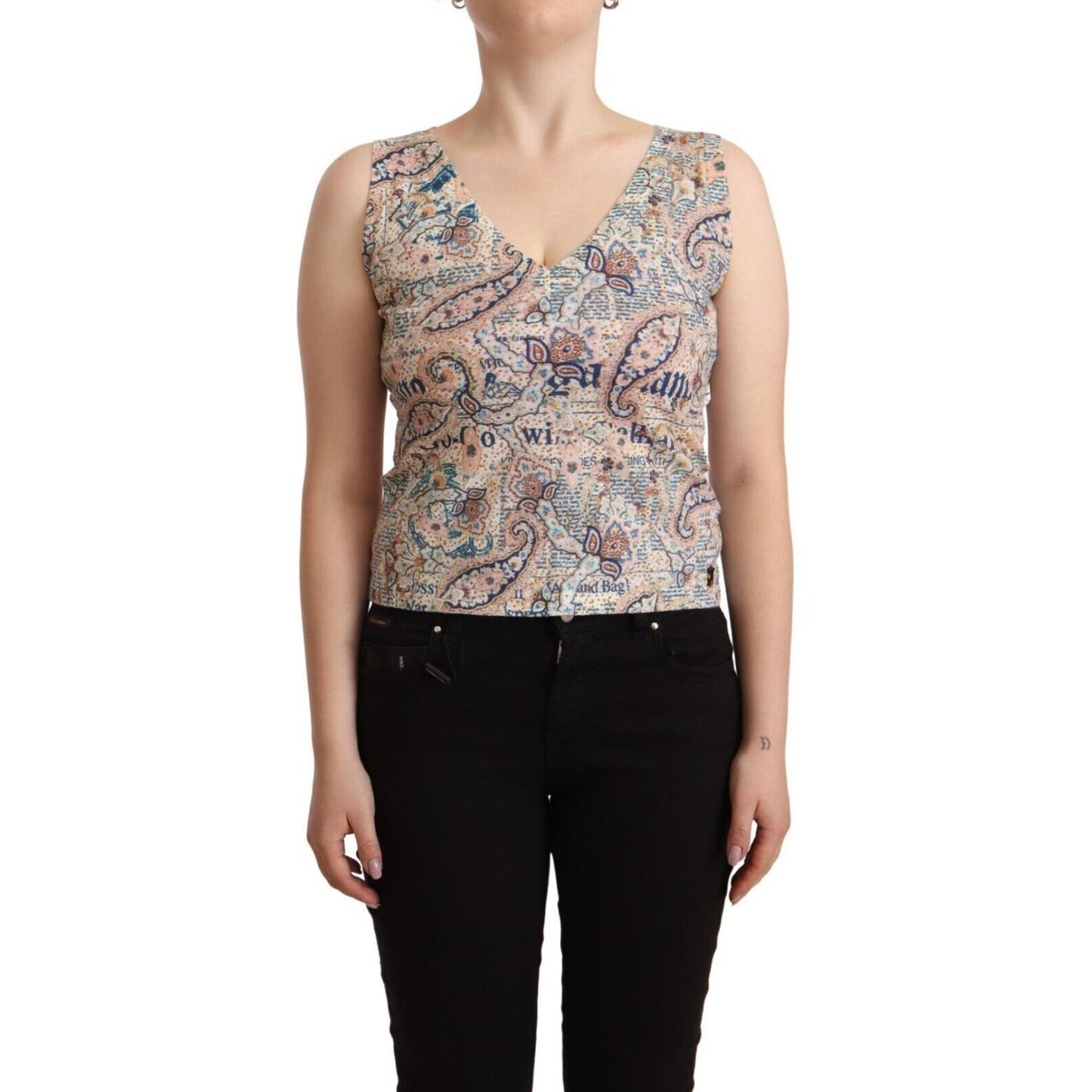 John Galliano Multicolor Cotton V-Neck Sleeveless Tank Top John Galliano Tan