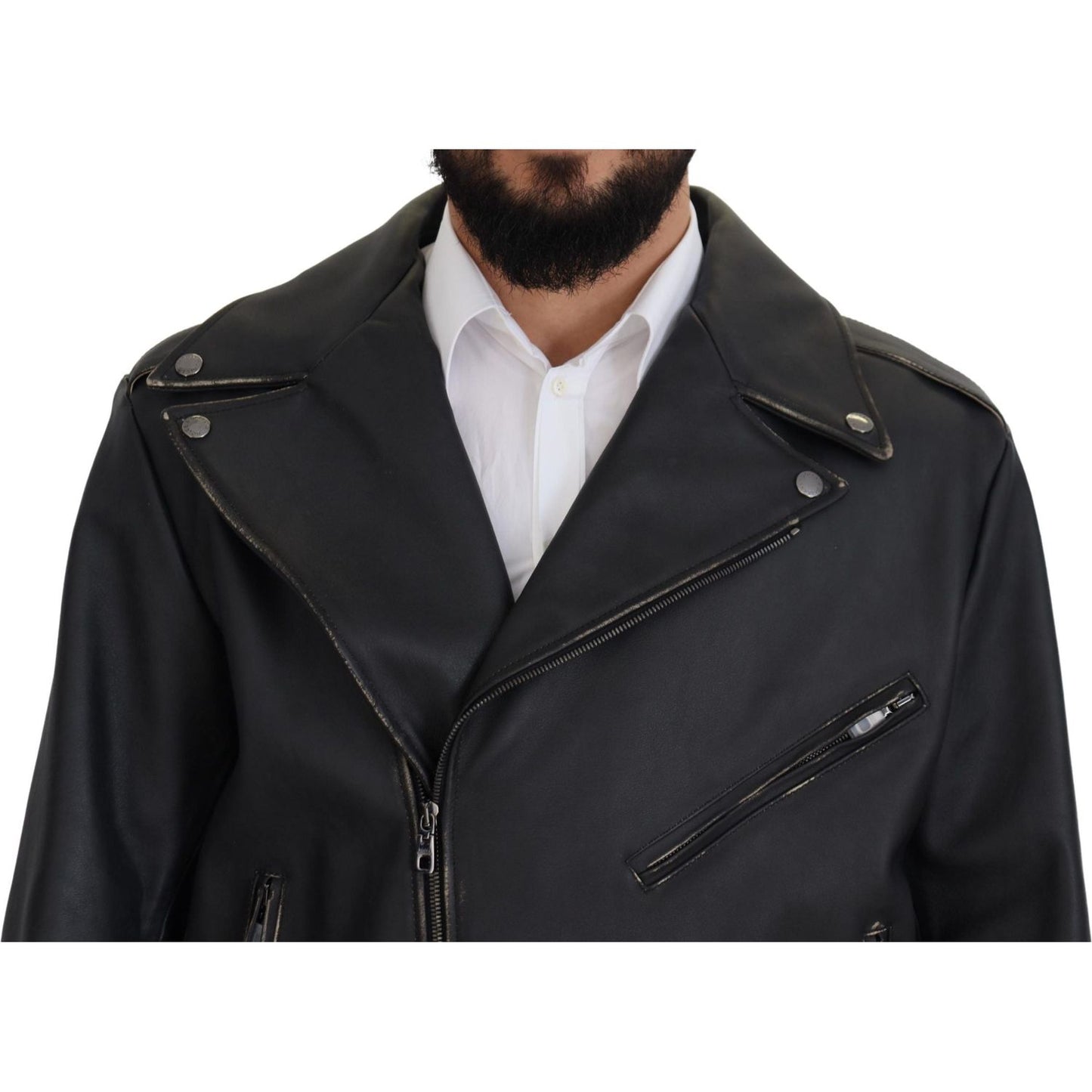Dolce & Gabbana Elegant Black Leather Biker Jacket Dolce & Gabbana Dark Slate Gray