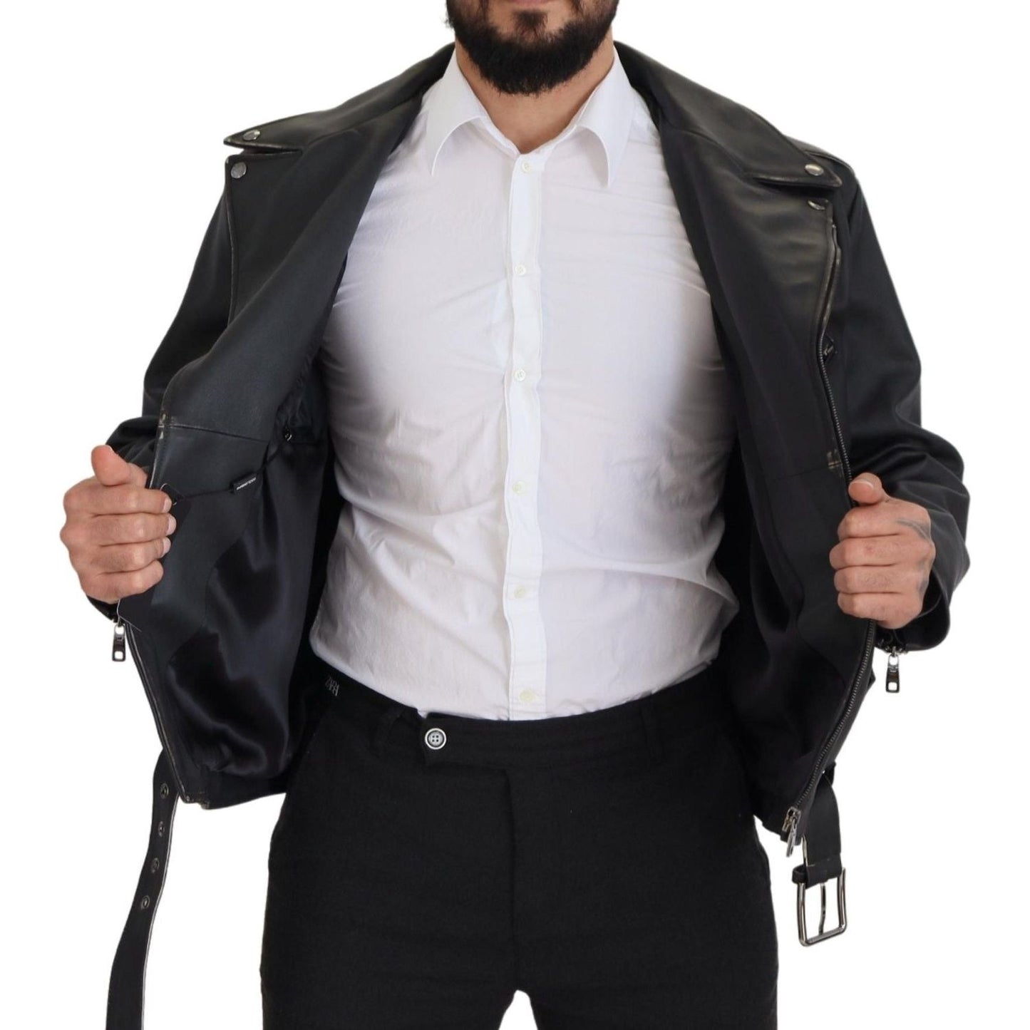 Dolce & Gabbana Elegant Black Leather Biker Jacket Dolce & Gabbana Dark Slate Gray