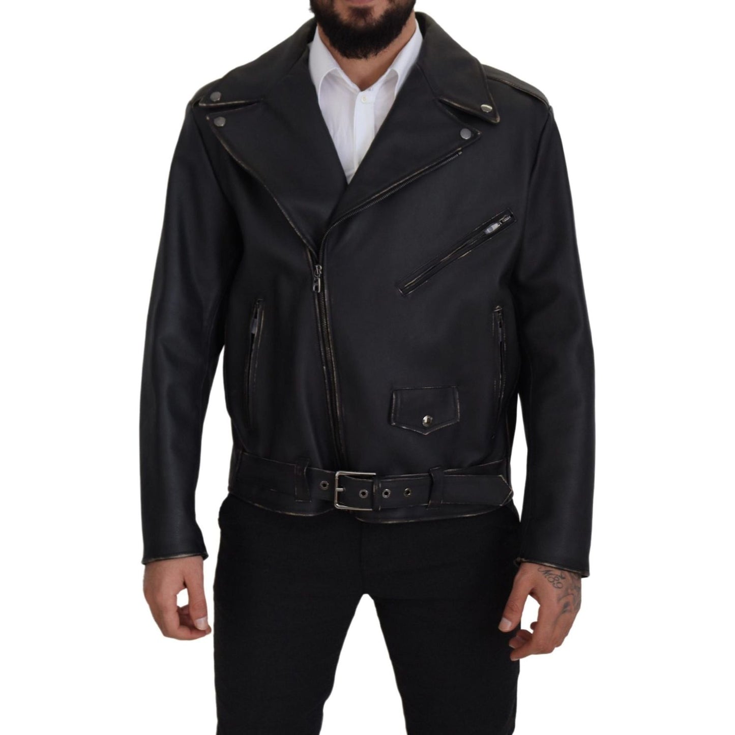 Dolce & Gabbana Elegant Black Leather Biker Jacket Dolce & Gabbana Black