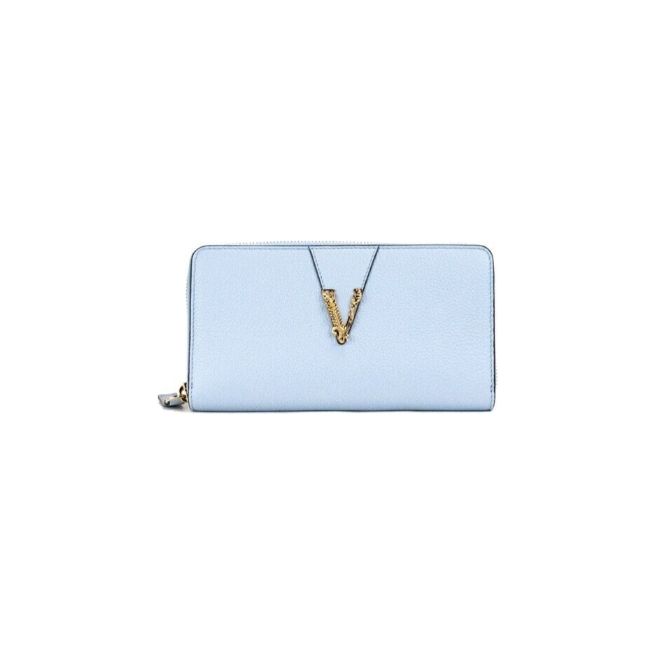 Versace Large Cornflower Grainy Leather Gold Monogram Zip Around Clutch Wallet Versace Powder Blue
