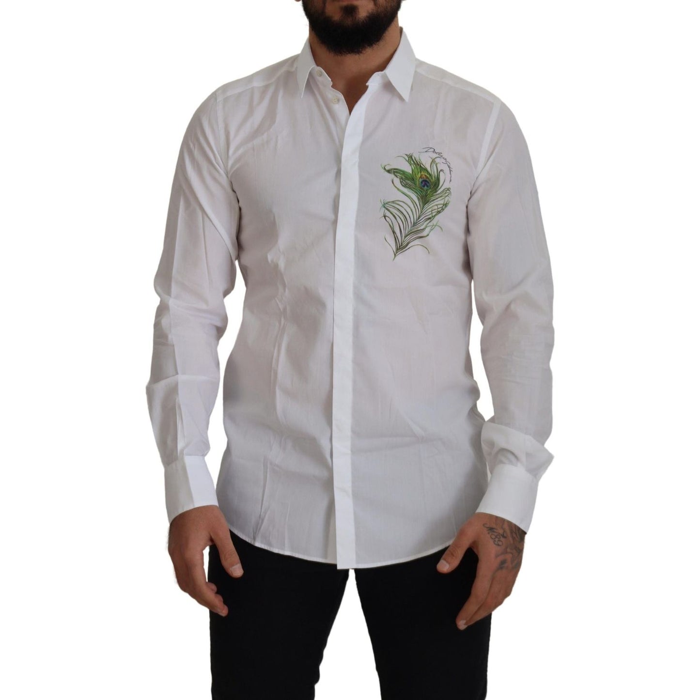 Dolce & Gabbana Elegant White Peacock Feather Dress Shirt Dolce & Gabbana Dark Gray