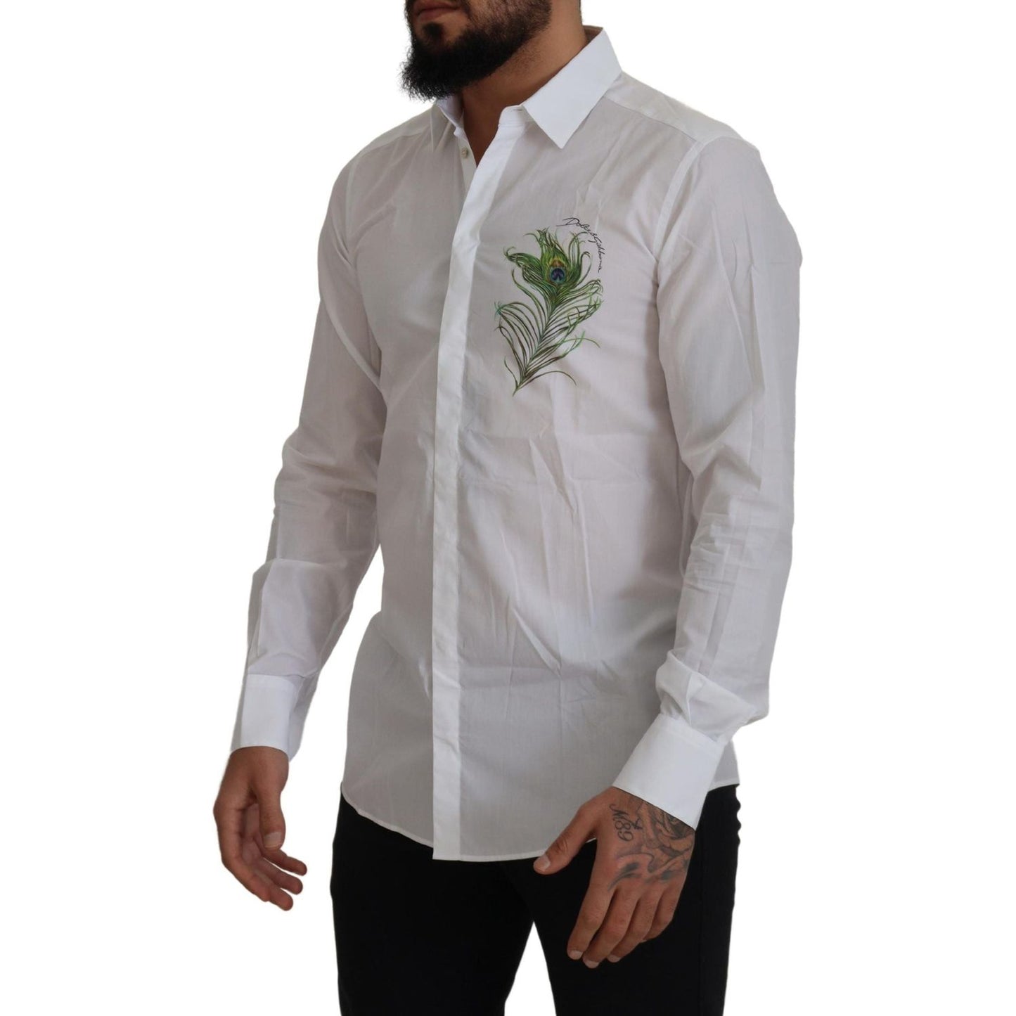 Dolce & Gabbana Elegant White Peacock Feather Dress Shirt Dolce & Gabbana Dark Gray